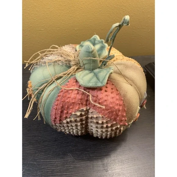 Folk Plush Art Stuffed Handmade Pumpkin 6 Different  Cloth Panels Leaves &‎ Stem - Picture 2 of 9